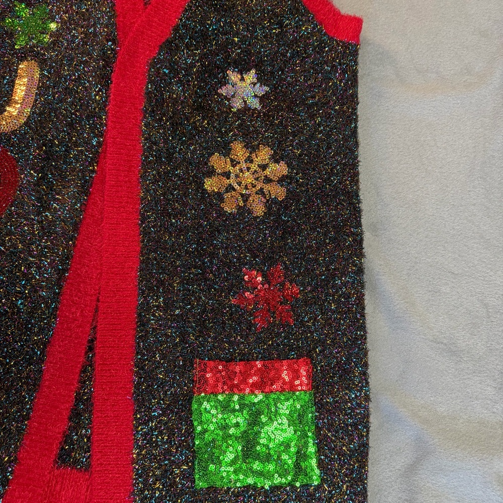 Christmas Sweater Ugly Festive Cardigan Tinsel Knit Vest L Grandmacore Xmas - Picture 5 of 10